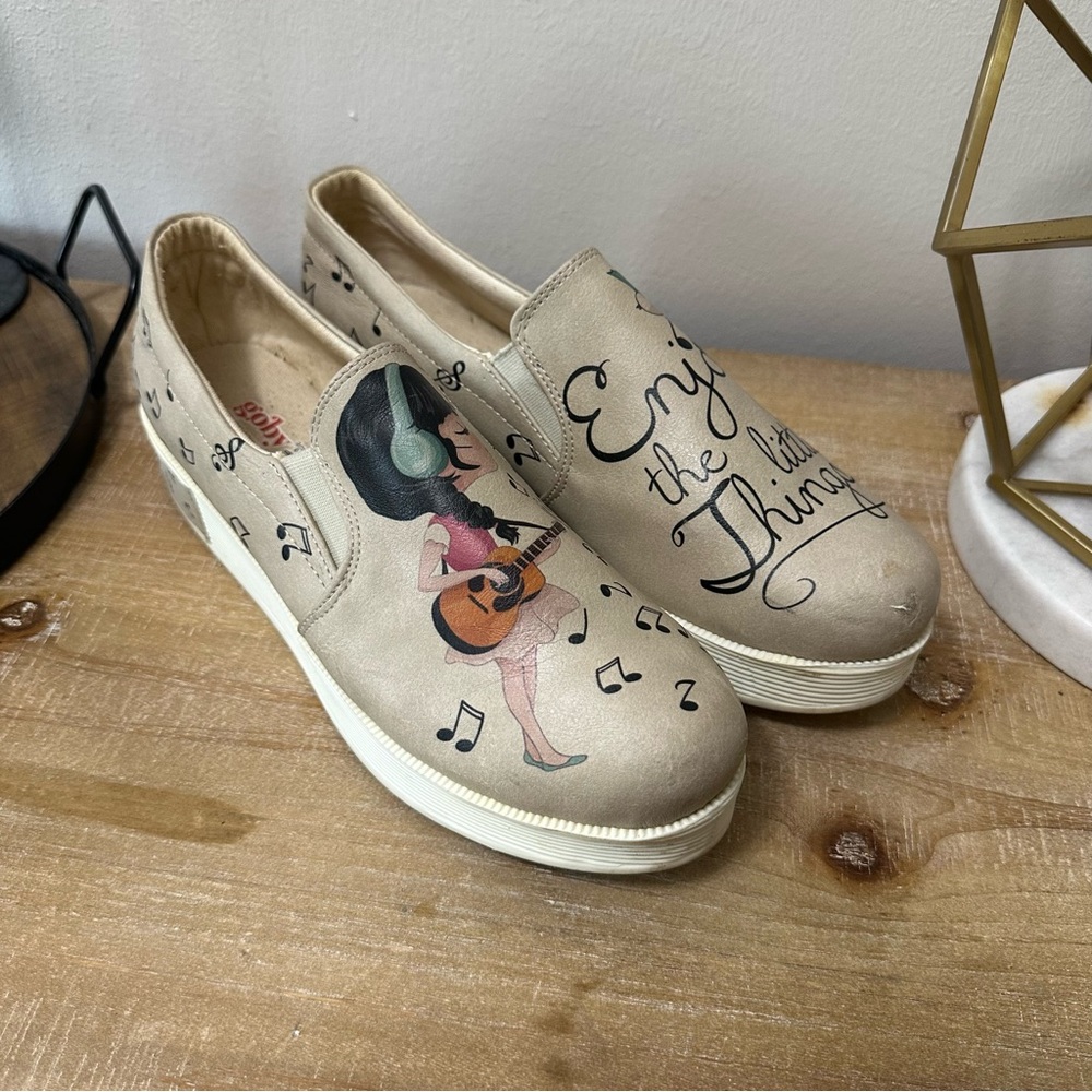 Beige Slip-On Shoes with Music and Quote Design